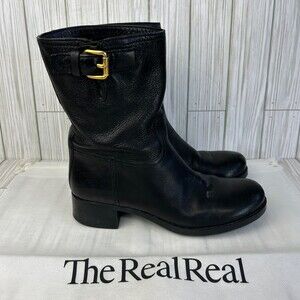 Prada Black Leather Moto Boots Ankle Booties Gold Buckle Womens Shoes Size 38/8